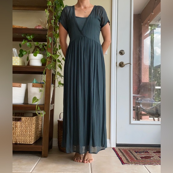 Ottod’Ame Green Short Sleeve Sheer Overlay Dress